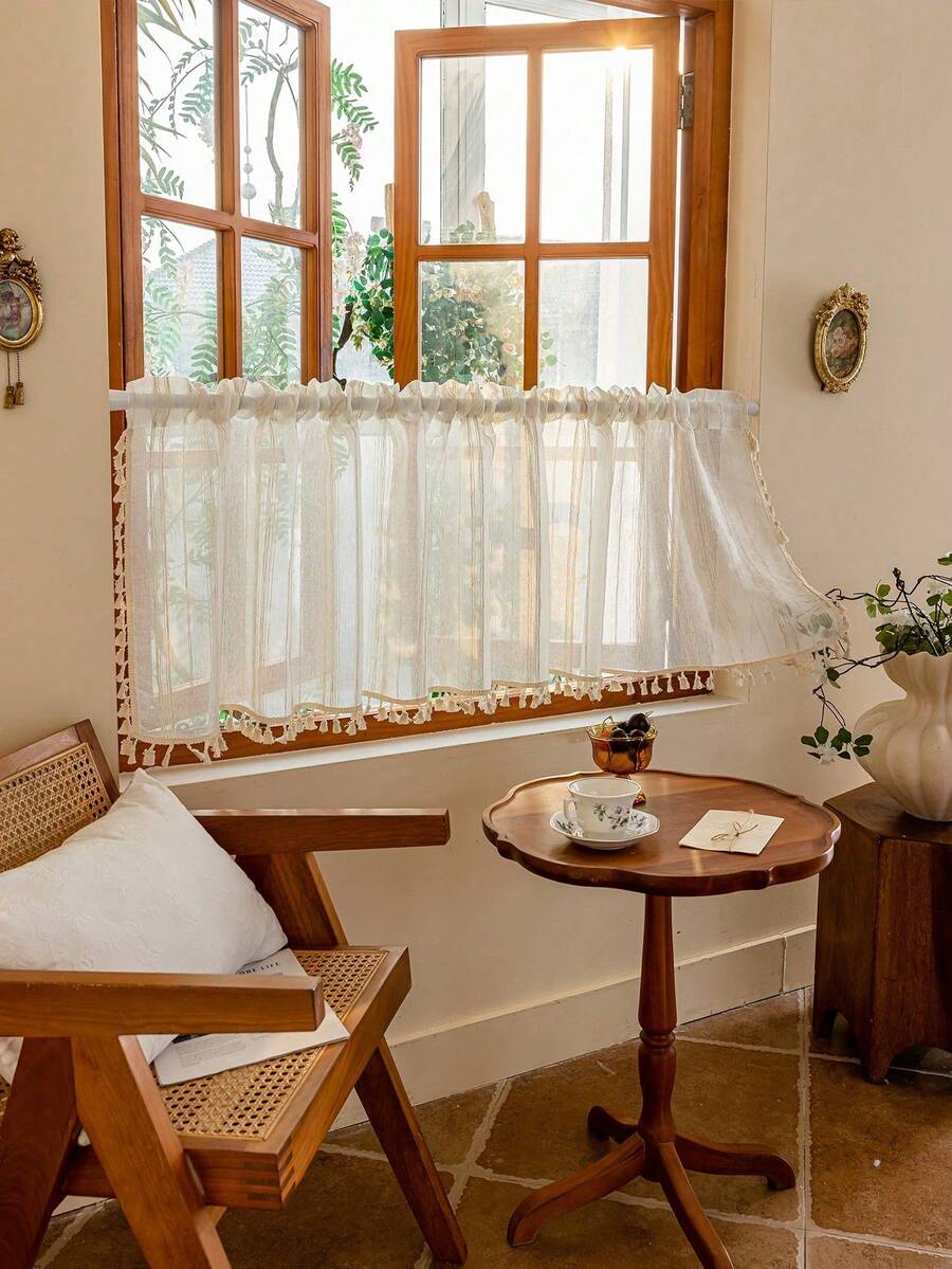 1pc Multicolor Tassel Translucent Non-See-Through Short Curtain - Beige - View 1