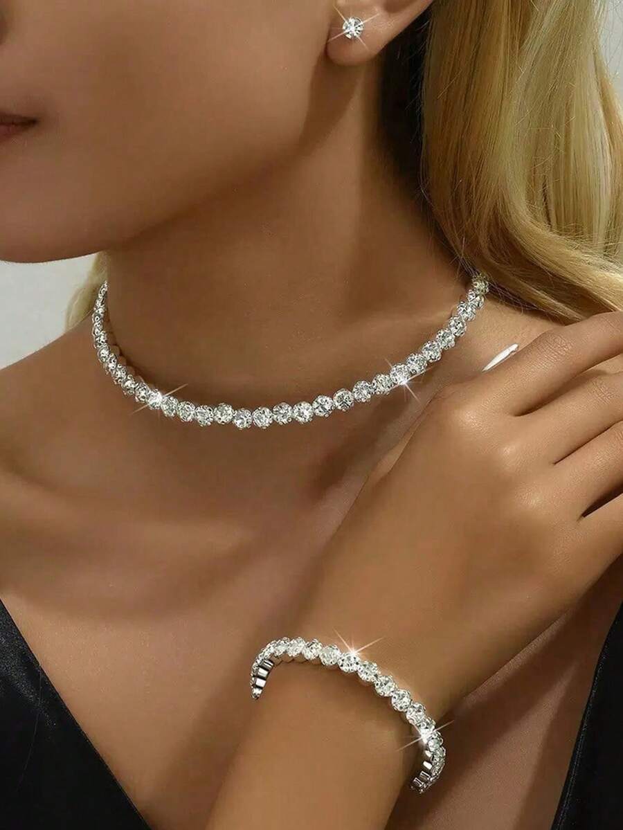 1 pieza Pulsera, 1 pieza Collar, 1 pieza de Aretes, Juego de Joyas de Collar, Aretes y Pulsera de Lujo con Rhinestones para Mujeres, para Boda/Compromiso - Plateado - Ver 1