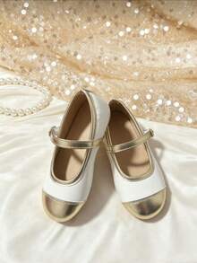 Girls' Two-Tone Mary Jane Flat Shoes, White And Gold Toe Cap, Adjustable Strap, Non-Slip Soft Sole, Princess Dress Shoes, Suitable For Party, Wedding And Daily Wear - White - View 1
