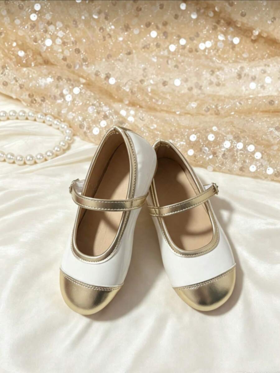 Girls' Two-Tone Mary Jane Flat Shoes, White And Gold Toe Cap, Adjustable Strap, Non-Slip Soft Sole, Princess Dress Shoes, Suitable For Party, Wedding And Daily Wear - White - View 1