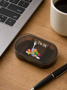 Pill Box Decorated With "I'm OK" Pattern, 3-Compartment Portable Pill Box, Mini Pill Box, Portable Jewelry Pill Box, Customizable Letter Logo As Creative Gift. This Is A Decorative Travel Pill Box, Suitable For Travel, Outdoor Activities, Can Be Placed In Bags And Pockets, Unique Design. - Multicolor - View 5