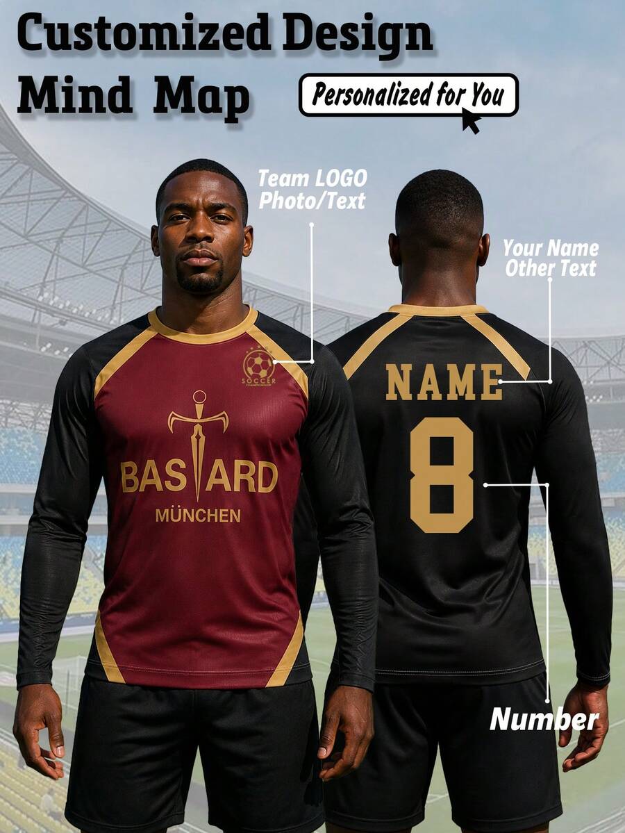 1pc Men's Long Sleeve Black Chain Pattern Anime Munich Football Jersey, Customizable Name, Number, Logo, Team And Sponsor, Suitable For Club, Team And Fan Gifts, Sports/Casual - Black - View 1