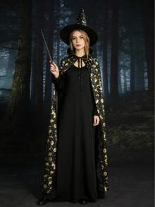 1 bộ trang phục phù thủy Halloween gồm áo choàng và mũ chóp, mũ phù thủy in họa tiết mặt trăng và sao màu vàng, bộ đồ nhập vai cho 2 người để hóa trang tiệc tùng - Xem 7