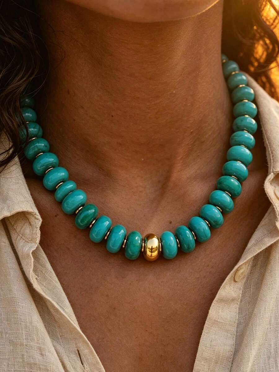 1pc Vintage Elegant Bohemian Style Women's Oval Turquoise Acrylic Beaded Necklace, Suitable For Daily Wear And Vacation, Perfect Gift Choice - Turquoise - View 1