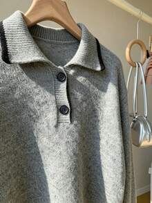 1pc Vintage Colorblock Collared Button Pullover Sweater, Slouchy Premium Soft Loose Knit Top For Women - Grey - View 5