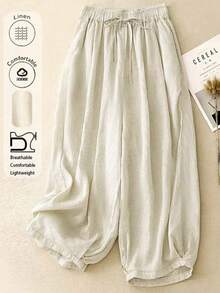 Pantalones holgados de lino con vuelo, cómodos y casuales, tallas grandes para mujeres, aptos para uso diario, primavera/verano/otoño - Albaricoque - Ver 1