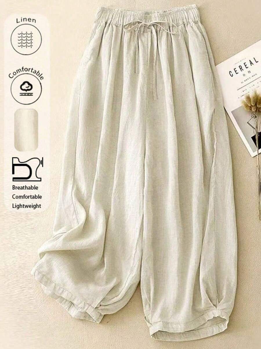 Pantalones holgados de lino con vuelo, cómodos y casuales, tallas grandes para mujeres, aptos para uso diario, primavera/verano/otoño - Albaricoque - Ver 1
