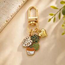 1pc/5pcs Unisex Alloy Oil Drop Bonsai Plant Pendant Keychain 3D Heart Charm Plant Series Bag Accessory,Bag Charms - Multicolor - View 7