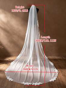 1pc Floral Lace Applique Beaded Edge Cathedral Bridal Veil, Long Train Wedding Dress Photography Accessory With Metal Hair Comb - Multicolor - View 9