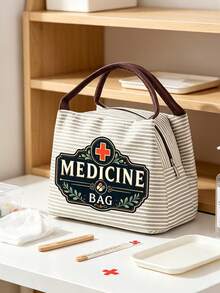 Striped Medicine Bag With "Medicine Bag" Text And Pill Bottle Pattern - Compact Pill Storage Bag And First Aid Kit, Portable Medication Storage Solution For Daily, Outdoor And Dorm Use, Multi-Functional Fabric First Aid Bag Designed For Health-Conscious And Frequent Travelers, Suitable For Travel And Outdoor Activities - Multicolor - View 3