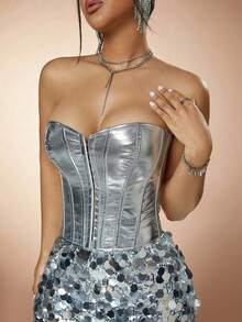 ApperlothPOP Cyberpunk Silver Corset PU Coated Heart-Shaped Pleated Collar Front Button Strapless Crop Top Women's Stage Performance Nightclub Outfit - Silver - View 5