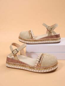 Sandal Tertutup Anyaman Gaya Bohemian untuk Wanita, Sepatu Pantai Kasual dengan Sol Tebal dan Tali Belakang Berhiaskan Rivet Vintage - Aprikot - View 3
