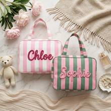 1pc Personalized Striped Makeup Bag, Customized Name Cosmetic Storage Bag, Large Capacity Travel Toiletry Bag With Handle And Hook, Portable Women's Wash Bag - Multicolor - View 2