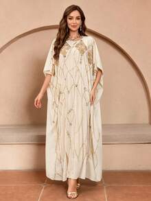 JINLICX Luxury Cream White Gold Rhinestone Beaded Batwing Sleeve Banquet Kaftan Maxi Dress - White - View 2
