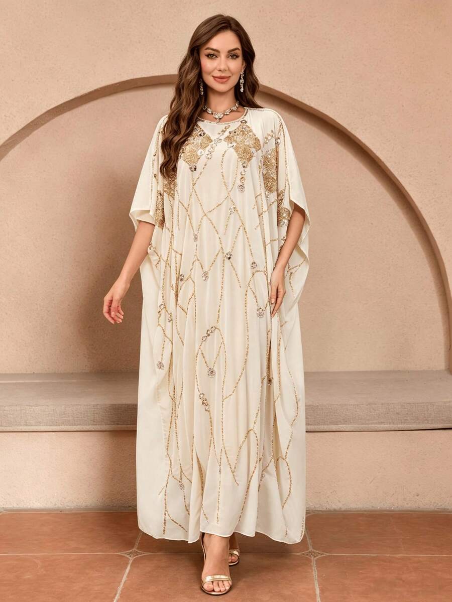 JINLICX Luxury Cream White Gold Rhinestone Beaded Batwing Sleeve Banquet Kaftan Maxi Dress