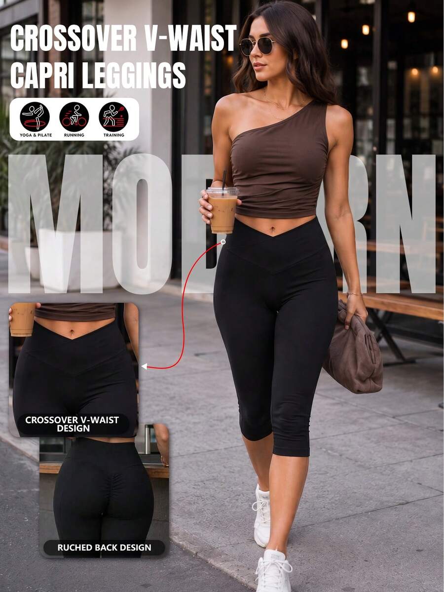 Women High Waisted Crossover Capri Yoga Leggings, Ruched Back Workout Gym Pants For Running Pilates Training Casual Activewear Sports - Black - View 1
