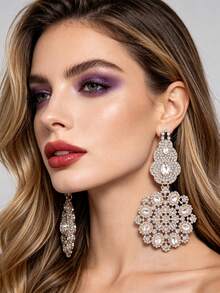 ACEHLN 1 Pair Colorful Rhinestone Zinc Alloy Geometric Shape Large Pendant Luxury Earrings For Women, Suitable For Evening Party And Wedding - Style 1 - View 3