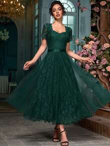 Women's Sweetheart Neckline Lace Flowy Mesh Cocktail Party Dress Fall - Dark Green - View 3
