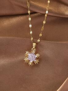 1pc/Double-Layer Rotatable Exquisite Fashion Women's Necklace, Gold Snowflake Zirconia Pendant Necklace, Fashionable Multicolor Inlaid Zirconia Chain Necklace For Women, Elegant Sparkling Zirconia Fashion Jewelry Necklace, Suitable For Christmas, Winter, Daily, Party Jewelry Gift - Yellow Gold - View 12