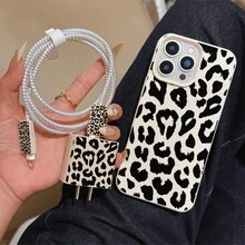 新款 6 件組黑色豹紋皮革紋理復古白色手機殼 + 充電頭保護套 + 線材保護套 + 收納繩 + 數據線保護繩包，TPU 防震保護殼，適用於 iPhone 6 7 8 XXs XR XS Max 11 12 13 14 15 16 17 Pro Max，適合作為情侶、女性、女兒、男朋友、女朋友、青少年女孩的生日與聖誕禮物 - 彩色 - 查看 2