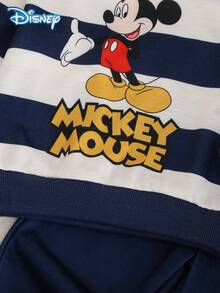 Disney 2pcs Set Autumn Baby Boy Newborn Mickey Cute Letter Cartoon Striped Print Long Sleeve Ribbed Sweatshirt Elastic Waist Royal Blue Sweatpants Slight Stretch Suitable For Baby Newborn Daily Wear Spring Gift - Royal Blue - View 5