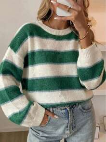 Green & White Colorblock Striped Knit Pullover Sweater, No Decoration, Round Neck, Drop Shoulder, Loose Fit, Casual Daily Commute For Women - Green - View 3
