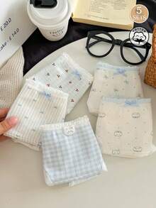 Mystèrelle 5pcs/Set Japanese Style Cute Blue Plaid & Floral Cotton Thin Women's Triangle Panties - Multicolor - View 4