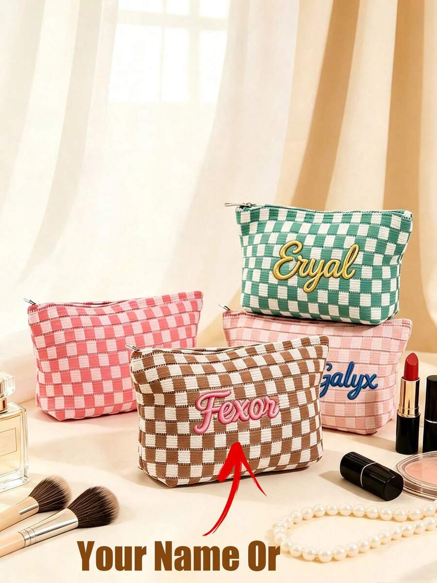 1 buah Tas Kosmetik Motif Kotak-kotak, Nama Dapat Disesuaikan, Tas Penyimpanan Perhiasan, Tas Kosmetik Bordir yang Dipersonalisasi, Organizer Perjalanan, Hadiah untuk Wanita dan Hadiah untuk Pengiring Pengantin - MultiWarna - View 1