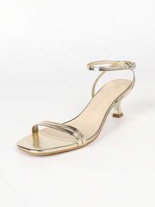 Summer Women Square Open Toe Ankle Strap Slingback Sandals, Light Gold 2.04 Inch Mid Heel Buckle Formal Holiday Footwear - Light Gold - View 9