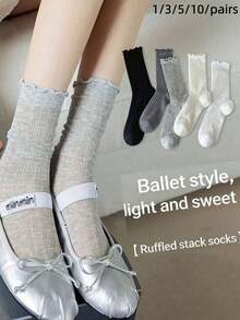 1/3/5/10 Pairs Women's Stacked Socks, Summer Thin Ballet Style Boat Socks, Mesh Breathable Ruffle Mid-Calf Socks, Ins Style Versatile Short Socks - Multicolor - View 15