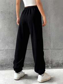 1pc Teen Girls Casual Loose Sweatpants, Simple Solid Color Fleece Knit Pants, Suitable For Spring, Summer, Autumn & Winter - Black - View 2