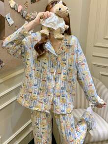 2pcs/Set Women's Pajamas Loungewear Set, Lapel Lace Patchwork Cute Pattern Print Cardigan Long Sleeve Pants, Easy Care Fabric - Multicolor - View 2