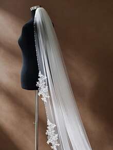 1pc Floral Lace Applique Beaded Edge Cathedral Bridal Veil, Long Train Wedding Dress Photography Accessory With Metal Hair Comb - Multicolor - View 5