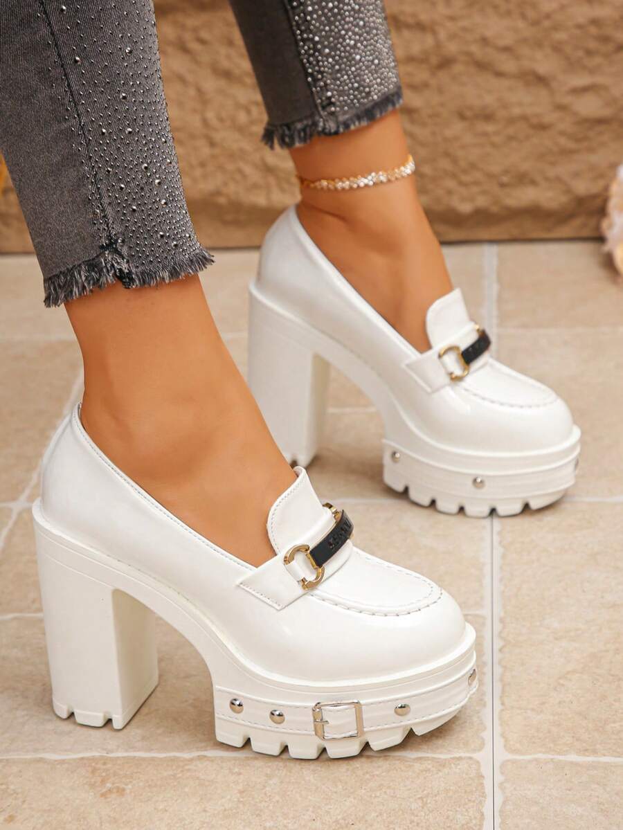 Vintage Sweet Cool White Patent Leather Shoes, Super High Block Heel Rivet Platform Loafers Height Increasing Mary Janes - White - View 1
