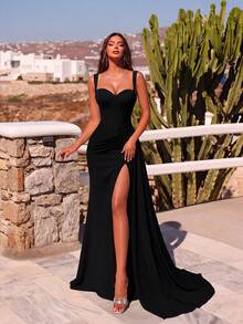 ADYCE Elegant Thick Strap High Waist High Slit Cinched Waist Backless Tie-Up Floor Length Evening Gown, Suitable For F - Black - View 7