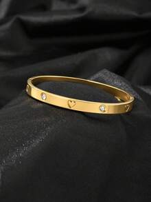 18K Gold Stainless Steel Diamond Heart-Shaped Bracelet Set, 14K Gold Cubic Zirconia Open Bangle, Fashionable Women's Daily Wear, Holiday Gift - Gold - View 11
