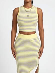 Blazique Women's Striped Colorblock Casual Elegant Party Ribbed Slit Beach Tank Top And Skirt 2pcs Set Summer - Yellowish-gray - View 2