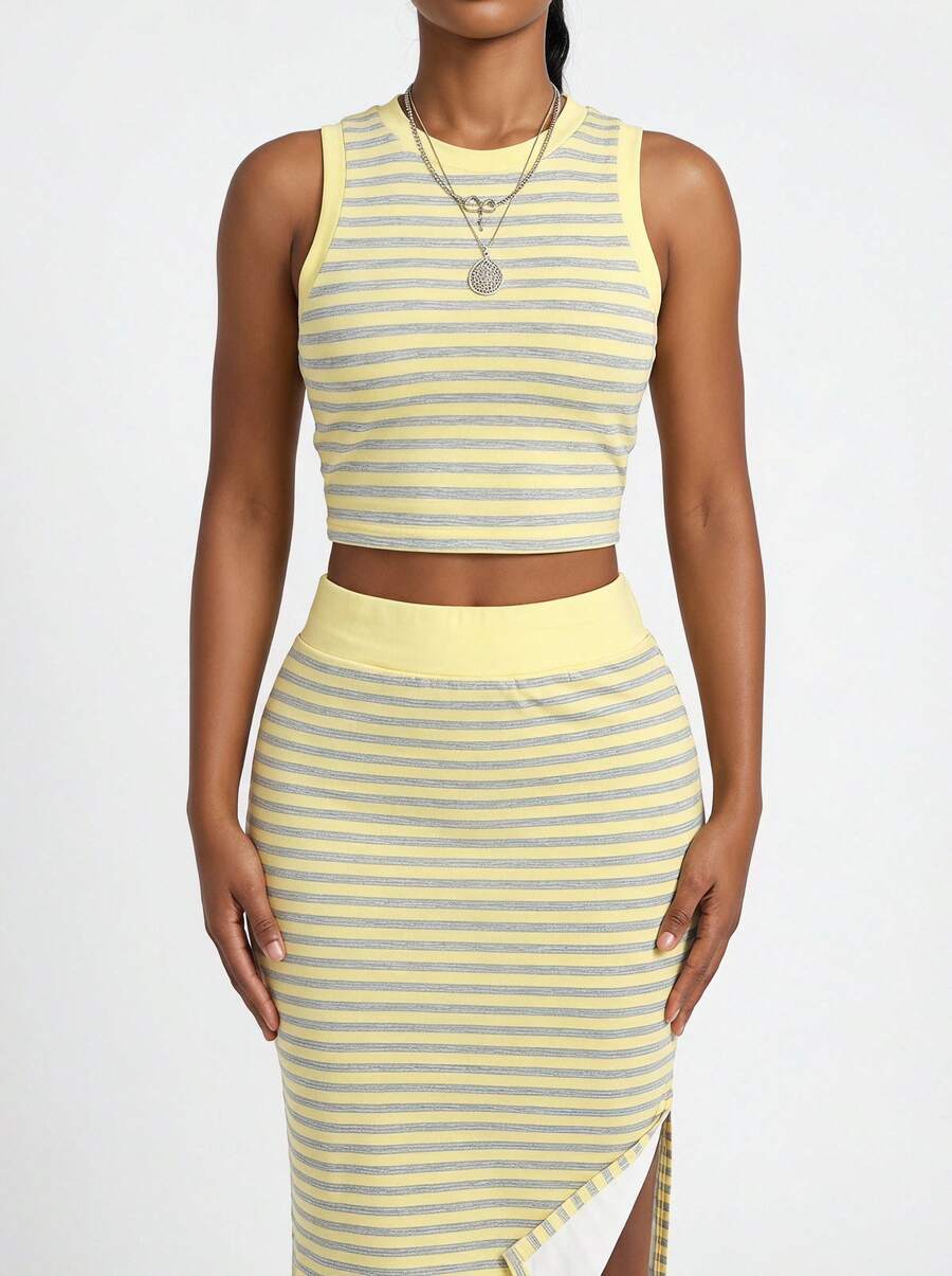Blazique Women's Striped Colorblock Casual Elegant Party Ribbed Slit Beach Tank Top And Skirt 2pcs Set Summer