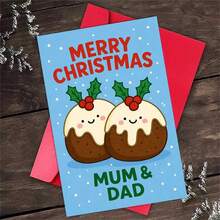 1 Greeting Card + 1 Envelope Adorable Christmas Greeting Card, Cute Pudding Couple Design Merry Christmas, Perfect For Parents, Festive Holiday Cartoon Style Card. - Single Piece - View 3