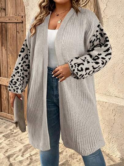 Cardigan Sweater Lengan Panjang Motif Leopard Ukuran Plus Wanita, Detail Rajutan Bergaris, Atasan Lengan Panjang Terbuka Depan dengan Bahu Jatuh, Pakaian Musim Dingin yang Wajib Dimiliki