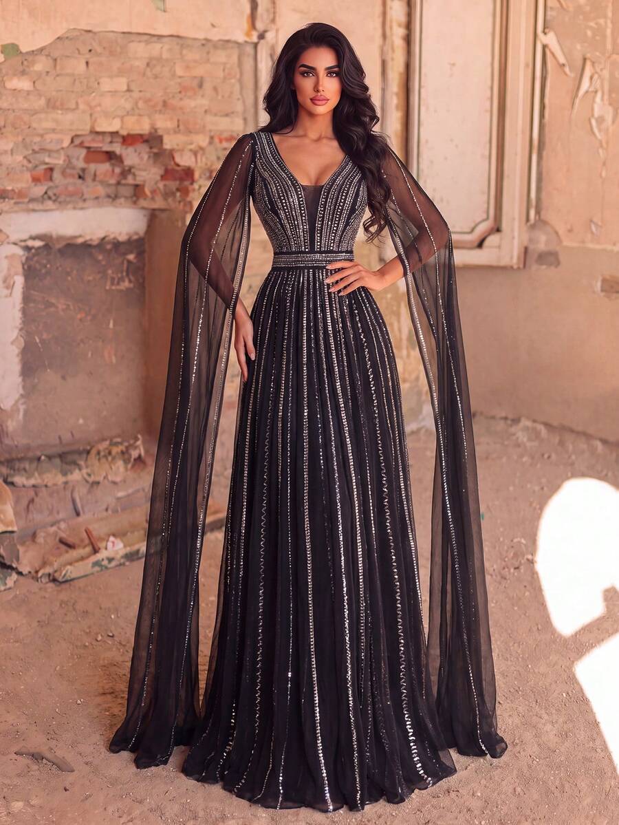 Premium Luxury Rhinestone Embellished Deep V-Neck Extra Long Sleeve Formal Gown & Evening Dress & Embellished Dress