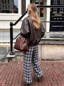 VIBEWAVE Women's Spring/Autumn Casual Retro Plaid Wide Leg Pants With Elastic Waist, Loose Drapey Floor-Length Trousers For Daily Wear - Multicolor - View 8