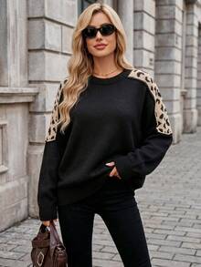 Women's Beige & Black Leopard Print Raglan Sleeve Crew Neck Cozy Thermal Pullover For Fall Winter Casual Comfort Essential, Back To School - Black - View 1
