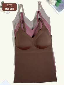 3pcs Plus Size Minimalist Solid Color Seamless Backless Camisole Bra, Summer Thin Wire-Free Push-Up Bra Tank Top For Women - Multicolor - View 1