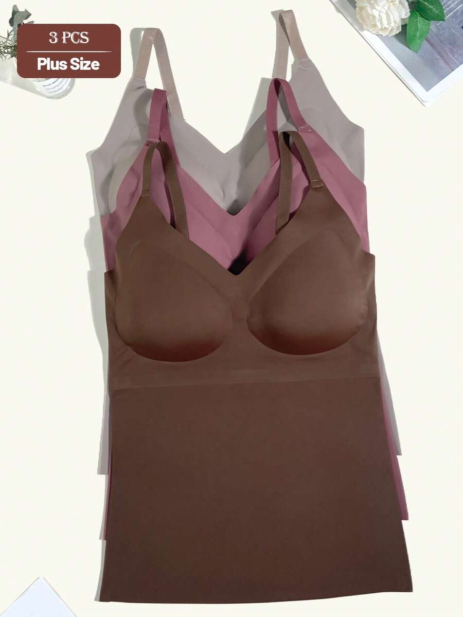 3pcs Plus Size Minimalist Solid Color Seamless Backless Camisole Bra, Summer Thin Wire-Free Push-Up Bra Tank Top For Women - Multicolor - View 1