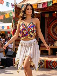 V Neck Multicolor Sequin Coin Halter Dance Crop Top Glitter Mesh Irregular Coin Tassel Dance Skirt Exotic Belly Dance Performance Outfit - Multicolor - View 7