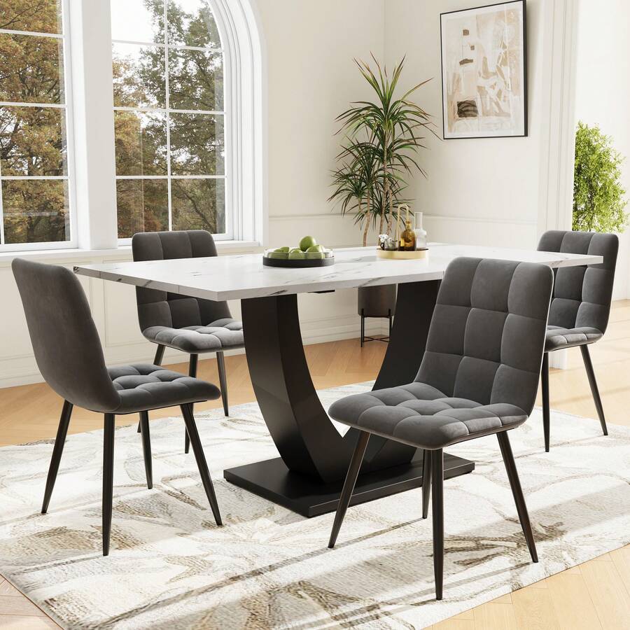 Set Of 4 Dining Table Set (5 Pieces) With Velvet Chairs - Multicolor - View 1