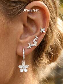 3 Pairs Gold Plated‑Tone White Enamel Flower Huggie Hoop, Snake & Four‑Petal Flower Stud Earring Set Dainty Zirconia Stackable Ear Jewelry For Women - 3Pairs/set - View 8