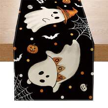 1pc Cute Ghost Spider Web Pumpkin Print Halloween Home Decor Table Runner, Polyester Durable Hard Fabric Decorative Tablecloth, Holiday Party Dining Table Atmosphere Desktop Arrangement - Black and White - View 1