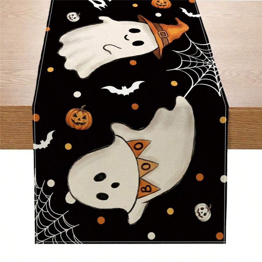 1pc Cute Ghost Spider Web Pumpkin Print Halloween Home Decor Table Runner, Polyester Durable Hard Fabric Decorative Tablecloth, Holiday Party Dining Table Atmosphere Desktop Arrangement - Black and White - View 1